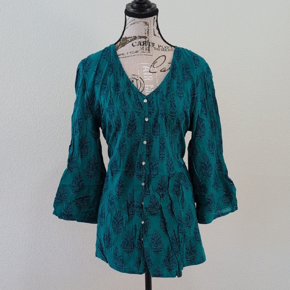 Passementrie Teal Button-Up Blouse